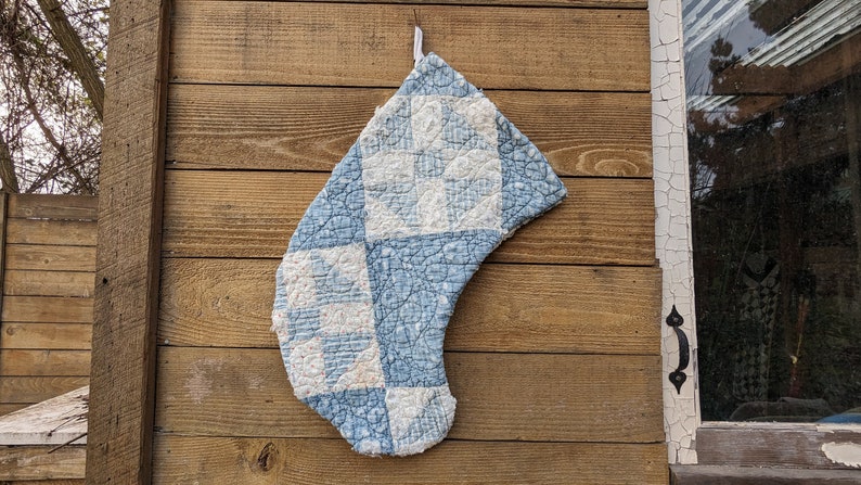 Nine Patch Blue and White Stockings, Set of Stockings Made From A Vintage Quilt image 4