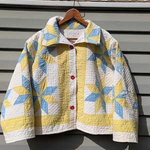 Vintage Yellow and Blue Star Quilt Coat, Jacket Made From a Patchwork Quilt