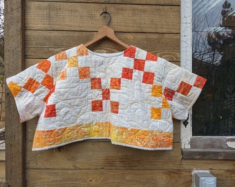 Nine Patch Quilted Short Sleeve Cropped Shirt, Shirt Made From a Vintage Patchwork Quilt