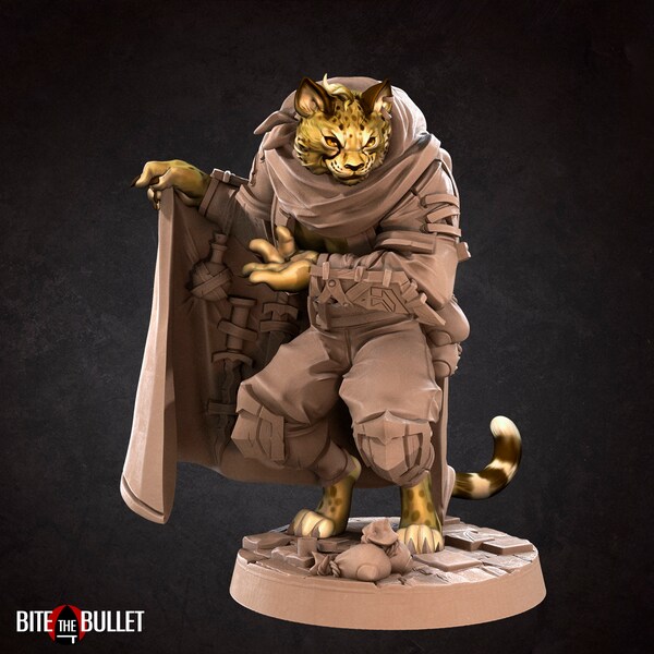 Cheat, Tabaxi Smuggler Miniature, High Quality 32mm Tabletop RPG 3D Printed, Great for Dungeons and Dragons, Pathfinder and other TTRPG