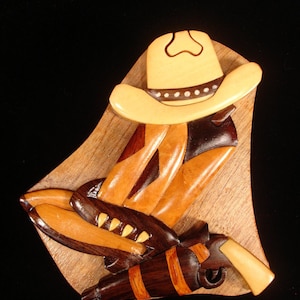 Caja de madera con rompecabezas WILD WILD WEST con arte en madera en intarsia tridimensional bellamente elaborada a mano