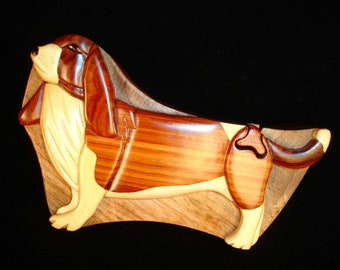Beautifully hand crafted 3 dimensional Intarsia Wood Art BASSET HOUND Dog Puzzle Wooden Box