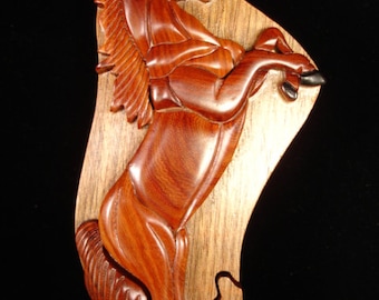 Beautifully hand crafted 3 dimensional Intarsia Wood Art HORSE Puzzle Wooden Box