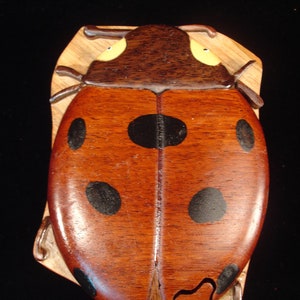 Beautifully hand crafted 3 dimensional Intarsia Wood Art LADYBUG Puzzle Wooden Box