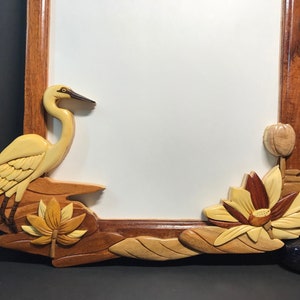 Beautifully hand crafted 3 dimensional Intarsia Wood Art HERON & LOTUS Wooden Wall Hanging Mirror