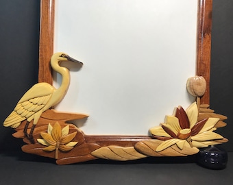 Beautifully hand crafted 3 dimensional Intarsia Wood Art HERON & LOTUS Wooden Wall Hanging Mirror