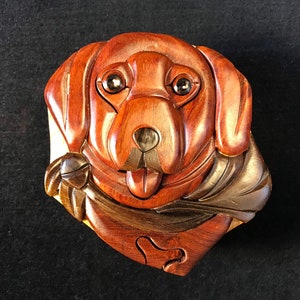 Beautifully hand crafted 3 dimensional Intarsia Wood Art Chocolate LAB LABRADOR RETRIEVER Dog Puzzle Wooden Box
