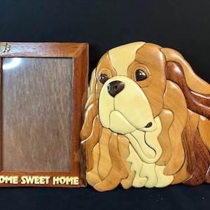 Beautifully hand crafted 3 dimensional Intarsia Wood Art CAVALIER King Charles Spaniel Dog Picture Photo Frame CKCS