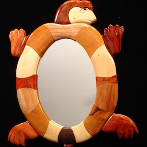 Beautifully hand crafted 3 dimensional Intarsia Wood Art TURTLE Wooden Wall Hanging Mirror