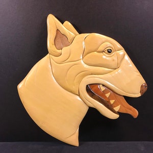 Beautifully hand crafted 3 dimensional Intarsia Wood Art BULL TERRIER Dog Sign Wall Plaque