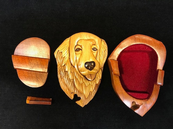 Beautifully hand crafted 3 dimensional Intarsia Wood Art GOLDEN RETRIEVER Dog Puzzle Wooden Box