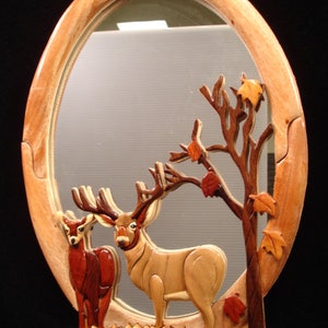 Wunderschöner handgefertigter 3 dimensionaler Intarsia Holz Kunst DEER MATES Wandbehang Spiegel FRIENDS