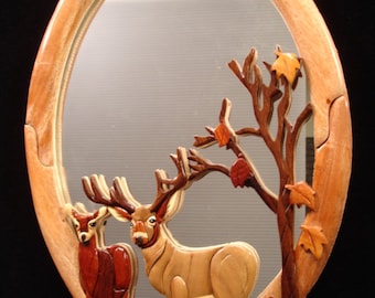 Beautifully hand crafted 3 dimensional Intarsia Wood Art DEER MATES Wooden Wall Hanging Mirror FRIENDS