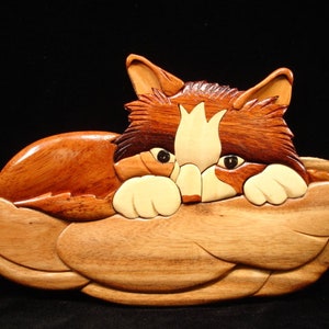Könnte beinhalten: Eine hölzerne Katzen-Puzzlebox mit einer braunen, weißen und schwarzen Katze, die aus einem geschnitzten Holzblatt schaut. Die Augen der Katze sind schwarz und die Box ist aus Holz mit einer natürlichen Oberfläche.