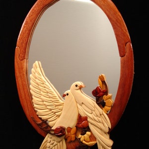 Beautifully hand crafted 3 dimensional Intarsia Wood Art DOVE MATES Wooden Wall Hanging Mirror