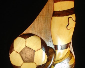 Beautifully hand crafted 3 dimensional Intarsia Wood Art SOCCER Puzzle Wooden Box
