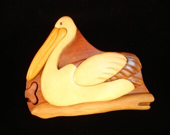 Boîte Puzzle / Sculpture En Bois Art Populaire En Forme De Pélican - Années 70 - Fait Main - Occasion