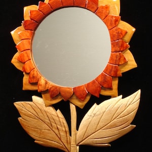 Beautifully hand crafted 3 dimensional Intarsia Wood Art SUNFLOWER Wooden Wall Hanging Mirror