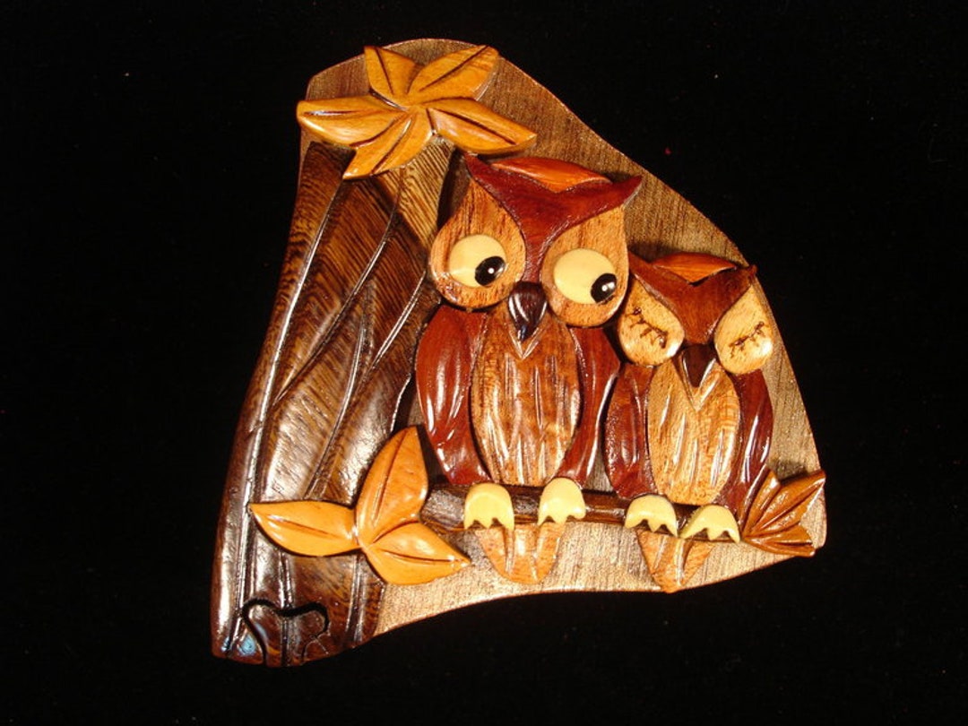 Beautifully Hand Crafted 3 Dimensional Intarsia Wood Art OWL & BABY ...