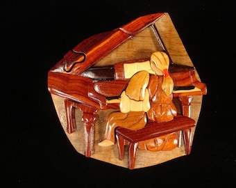 Beautifully hand crafted 3 dimensional Intarsia Wood Art PIANO GIRLS Puzzle Wooden Box