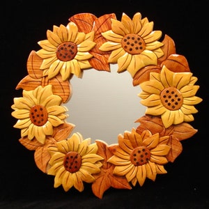 Beautifully hand crafted 3 dimensional Intarsia Wood Art SUNFLOWER Wreath Wooden Wall Hanging Mirror SUNFLOWERS