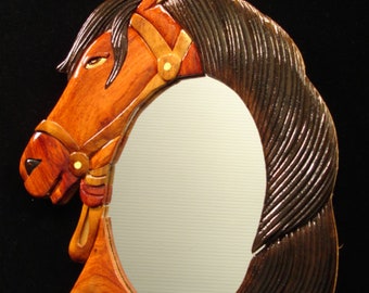 Beautifully hand crafted 3 dimensional Intarsia Wood Art HORSE Wooden Wall Hanging Mirror