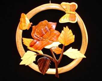 Beautifully hand crafted 3 dimensional Intarsia Wood Art BEAUTIFUL NATURE Rose Butterfly Butterflies Sign Wall Plaque