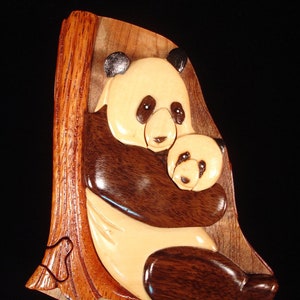 Caja de madera con rompecabezas de OSO PANDA y BEBÉ con arte en madera intarsia tridimensional bellamente elaborado a mano