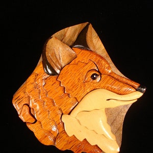 Beautifully hand crafted 3 dimensional Intarsia Wood Art FOX Puzzle Wooden Box