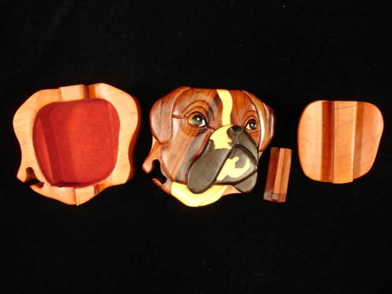 Beautifully hand crafted 3 dimensional Intarsia Wood Art BOXER Dog Puzzle Wooden Box