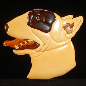 Beautifully hand crafted 3 dimensional Intarsia Wood Art BULL TERRIER Dog Sign Wall Plaque