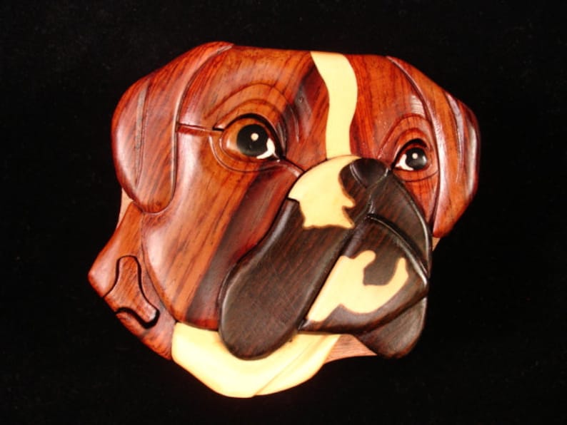 Beautifully hand crafted 3 dimensional Intarsia Wood Art BOXER Dog Puzzle Wooden Box