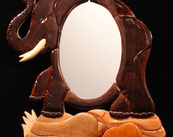 Beautifully hand crafted 3 dimensional Intarsia Wood Art ELEPHANT Wooden Wall Hanging Mirror