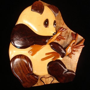 Caja de madera con rompecabezas de OSO PANDA con arte en madera intarsia tridimensional bellamente elaborado a mano