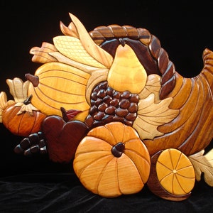 Beautifully hand crafted 3 dimensional Intarsia Wood Art FALL HARVEST CORNUCOPIA Sign Wall Plaque