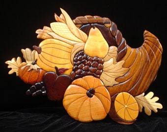 Beautifully hand crafted 3 dimensional Intarsia Wood Art FALL HARVEST CORNUCOPIA Sign Wall Plaque