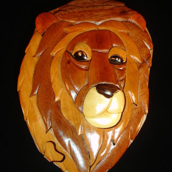 Beautifully hand crafted 3 dimensional Intarsia Wood Art LION Puzzle Wooden Box