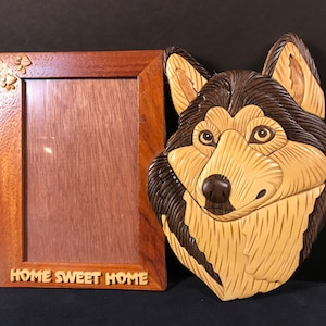 Beautifully hand crafted 3 dimensional Intarsia Wood Art SIBERIAN HUSKY Dog Picture Photo Frame