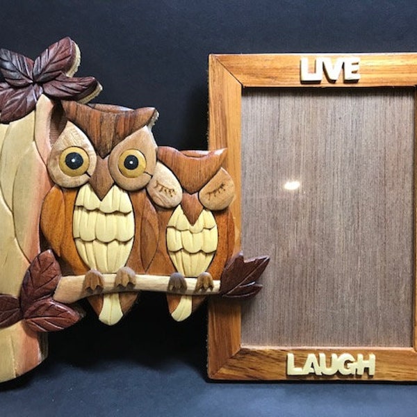 Beautifully hand crafted 3 dimensional Intarsia Wood Art OWL & BABY Picture Photo Frame