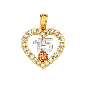 14K 3C Gold CZ Quinceañera 15 Years Heart Pendant |  14k Gold Sweet 15 Years  Charm | Dije de corazón de quinceañera de oro tricolor de 14k