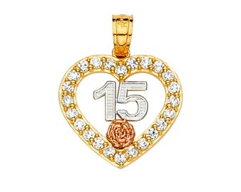14K 3C Gold CZ Quinceañera 15 Years Heart Pendant |  14k Gold Sweet 15 Years  Charm | Dije de corazón de quinceañera de oro tricolor de 14k