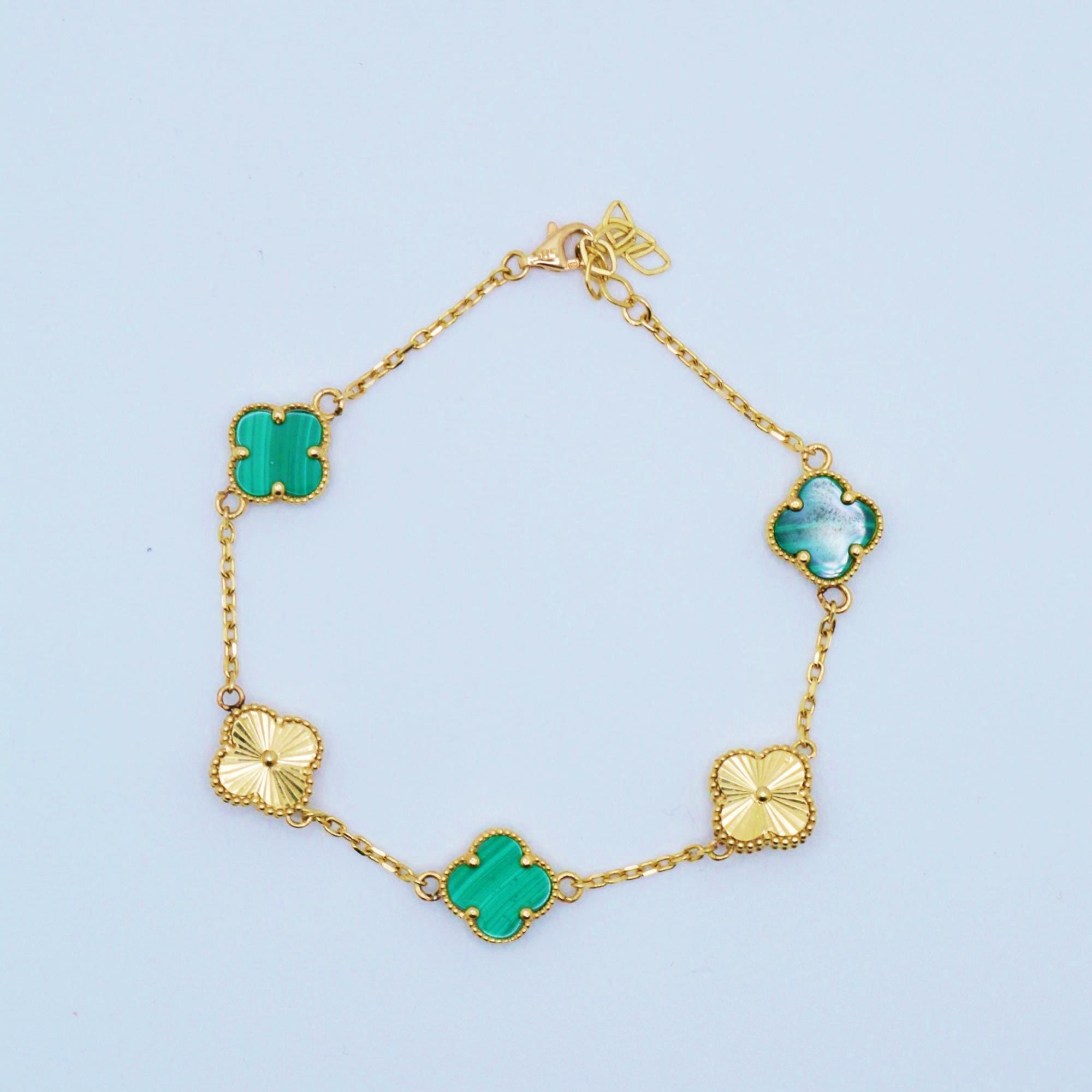 14k Yellow Gold Alhambra Bracelet 5 Motif Malachite Clover