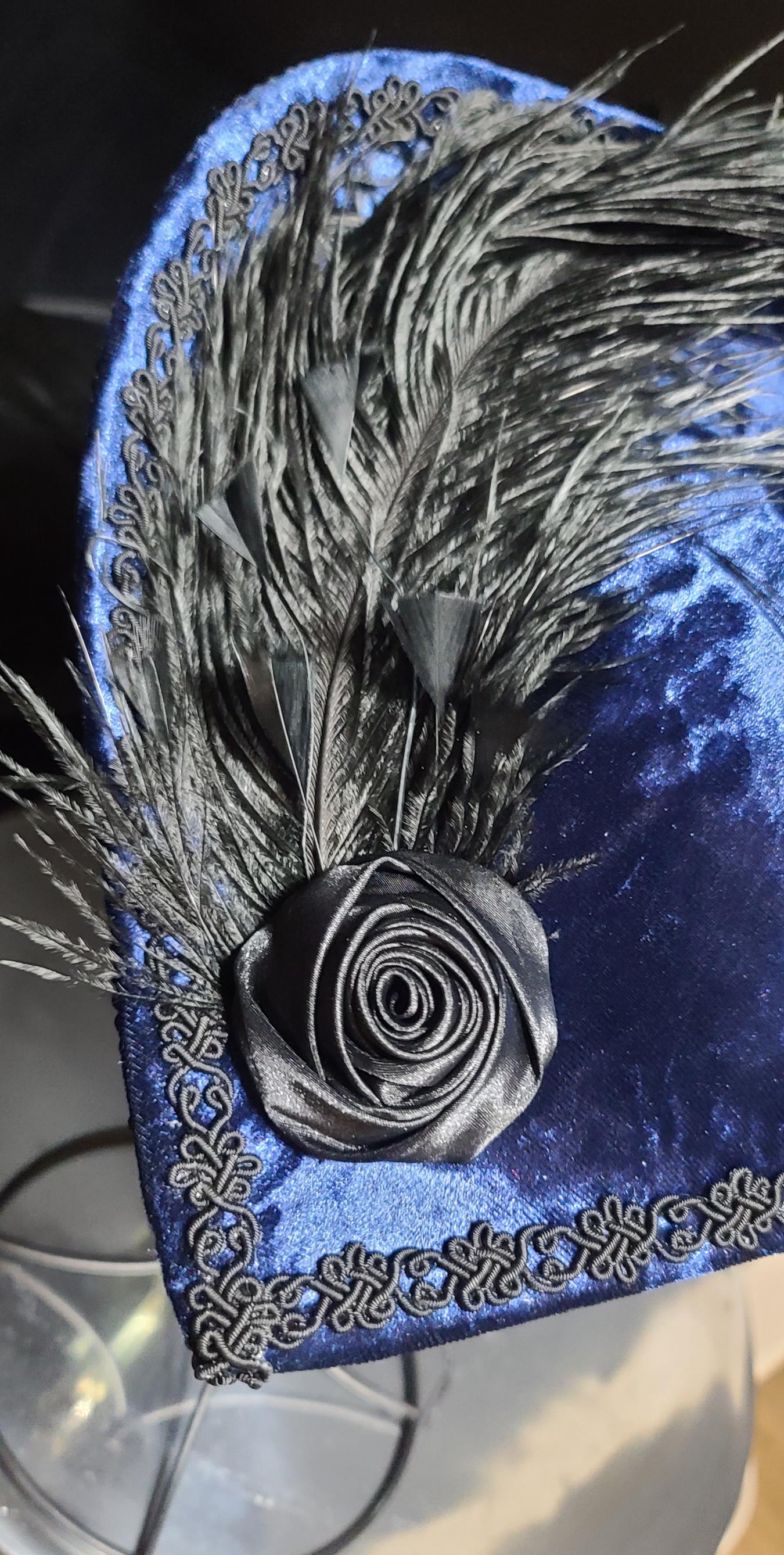 1880\'s Downton Abbey British Navy-Blue Velvet & Satin Hi-Tea - Gala - Derby Hat Vintage Inspired Navy Blue Hat With Floral Embroidery  main image 2