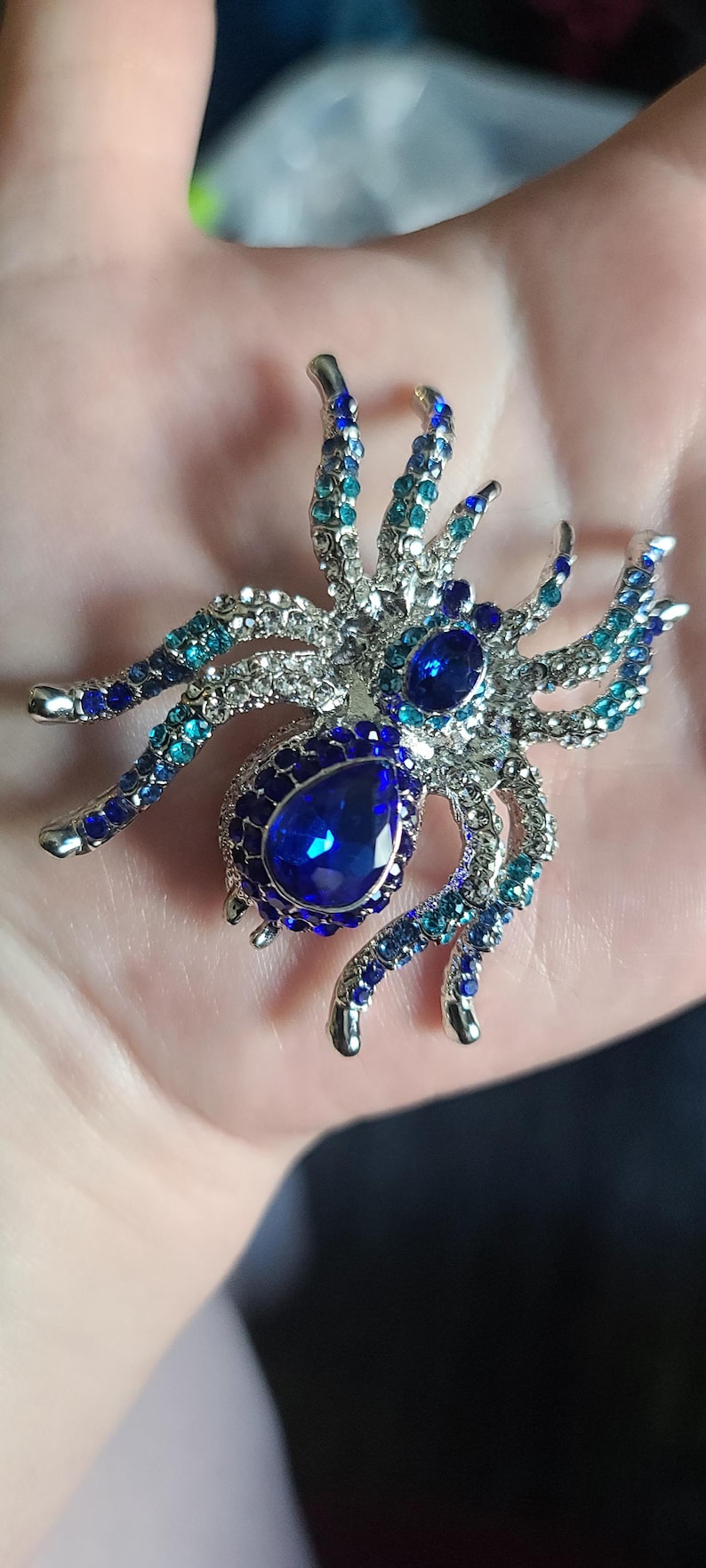 Large Rhinestone Spider Brooch, Blue Spider Brooch, Spider Pin ...