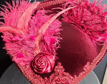 Burgandy Victorian Vampire Hat, Edwardian Hat, Red Feathered Hat, Downton Abbey Hat, Derby Hat, Ladies Costume Hat, Ladies Pirate Hat