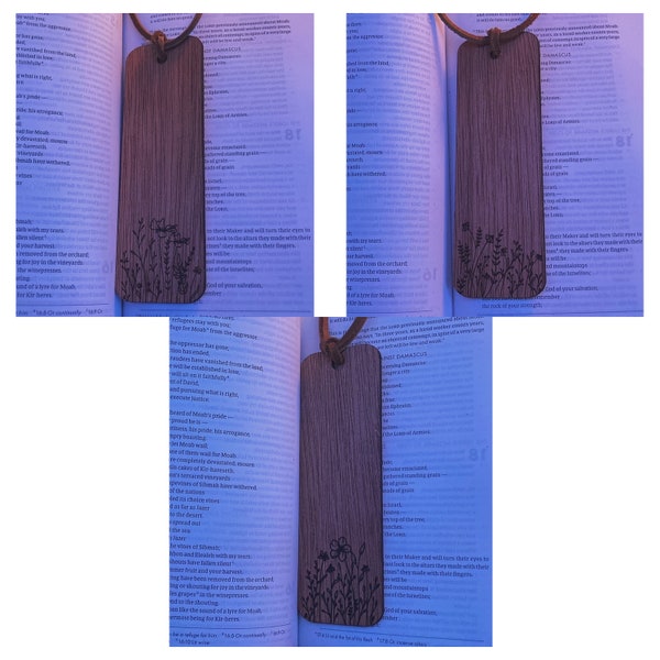 Bookmark Wooden Flowers Engraved with Faux-leather Tassel