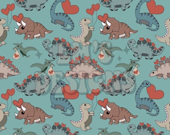 May include: A teal blue background with a repeating pattern of dinosaurs holding hearts. The dinosaurs are in various colors, including brown, blue, and green. Some dinosaurs are holding balloons with hearts on them.