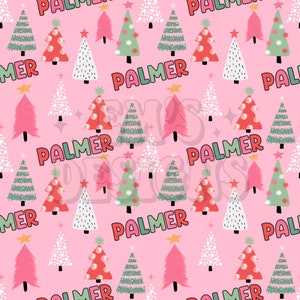 May include: Pink background with a repeating pattern of Christmas trees and the word "Palmer" in a colorful font. The trees are decorated with red, white, and green ornaments and have a variety of styles.
