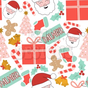 May include: A festive Christmas pattern featuring Santa Claus, candy canes, presents, gingerbread men, Christmas trees, holly, and bells. The pattern also includes the name "Palmer" written on two tags.