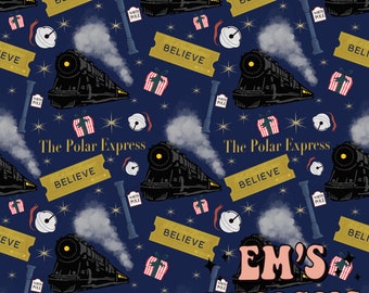 May include: A blue and white seamless pattern featuring a train, a ticket, a bell, a gift box, a star, and the words "The Polar Express" and "Believe". The pattern is repeated throughout the image. The text "EM'S DESIGNS" is also visible in the image.